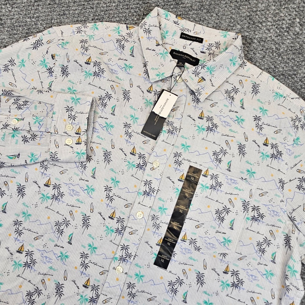 Banana Republic Mens XL Untucked Slim Fit Tropical Seersucker Shirt NWT